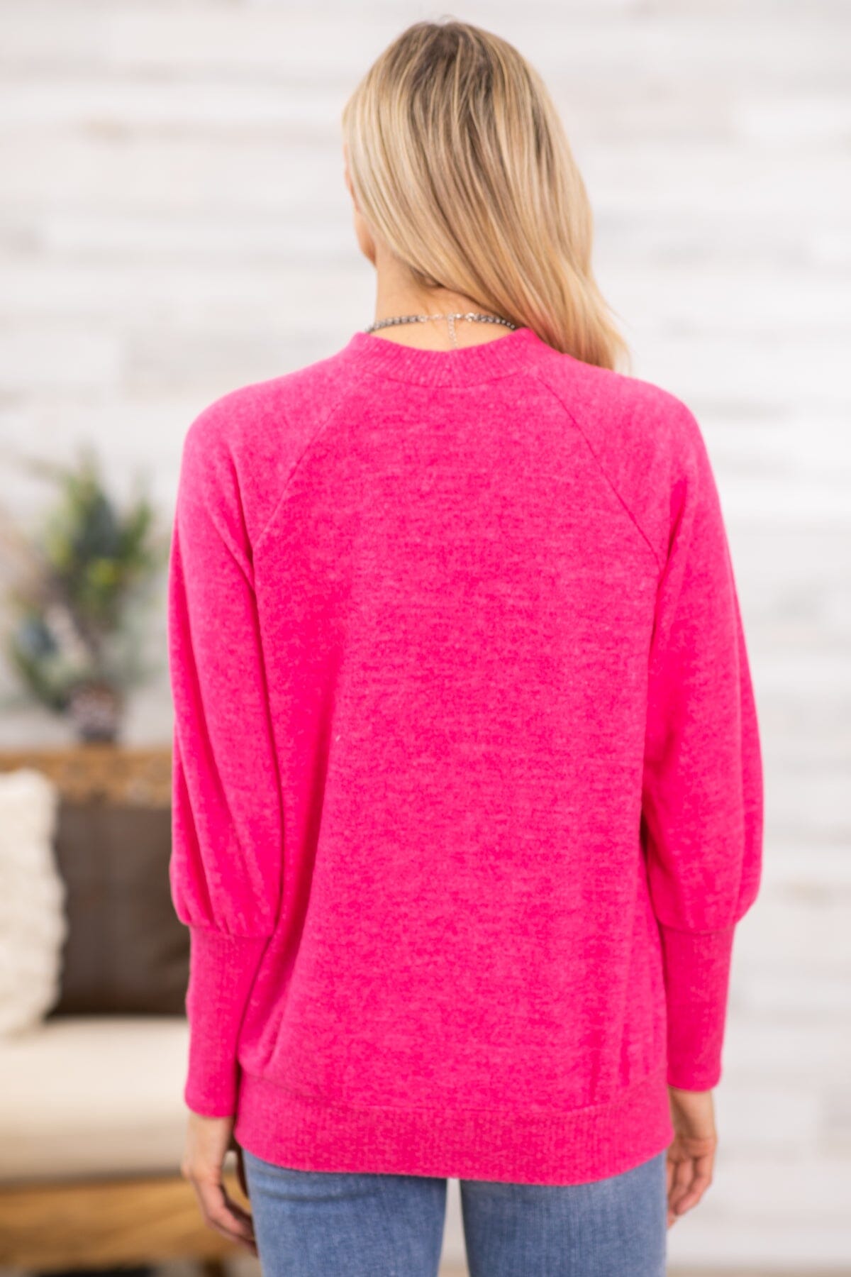 Hot Pink Banded Hem Balloon Sleeve Top - Filly Flair