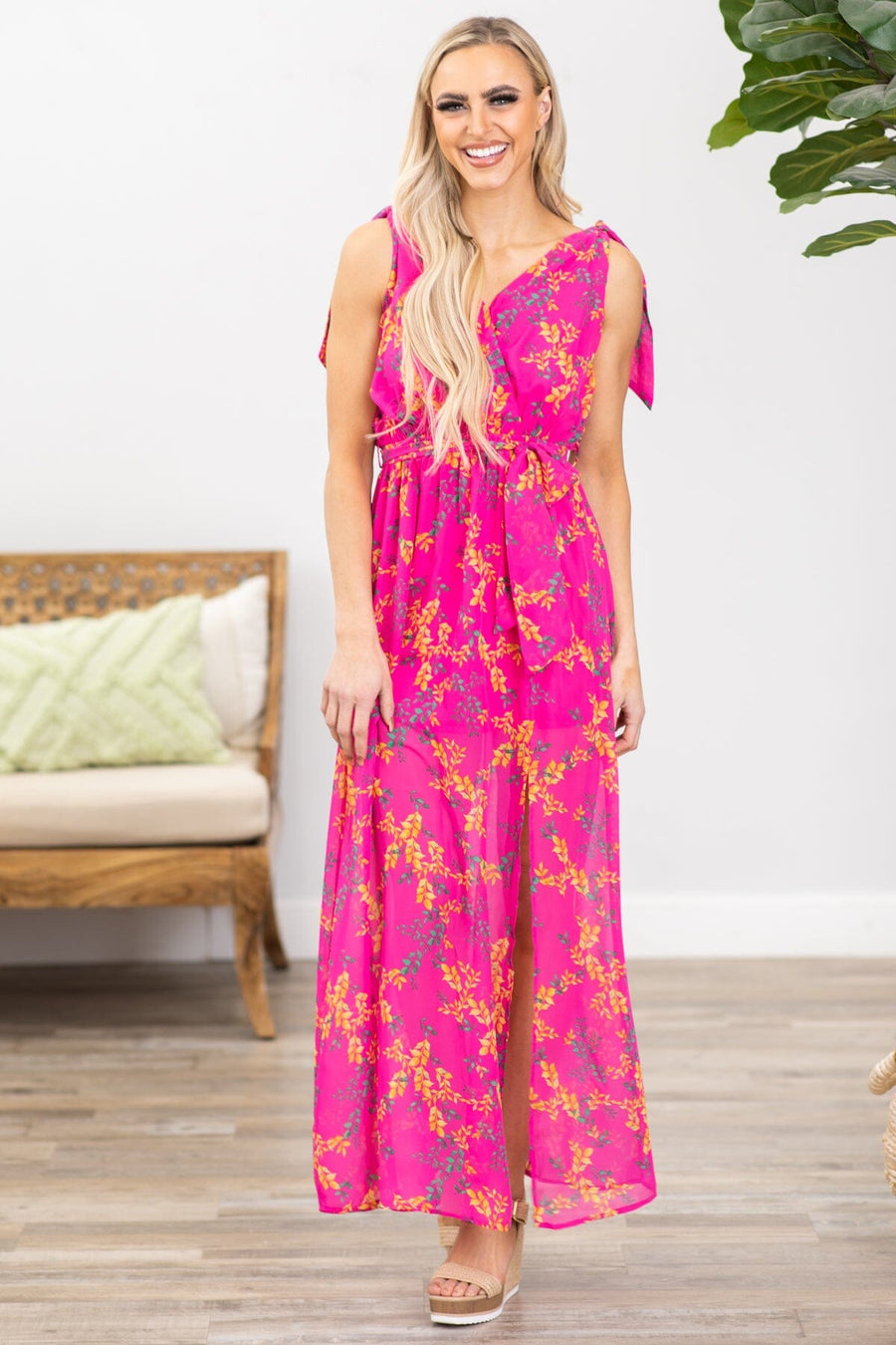Hot Pink Floral Print Surplice Front Maxi Dress - Filly Flair