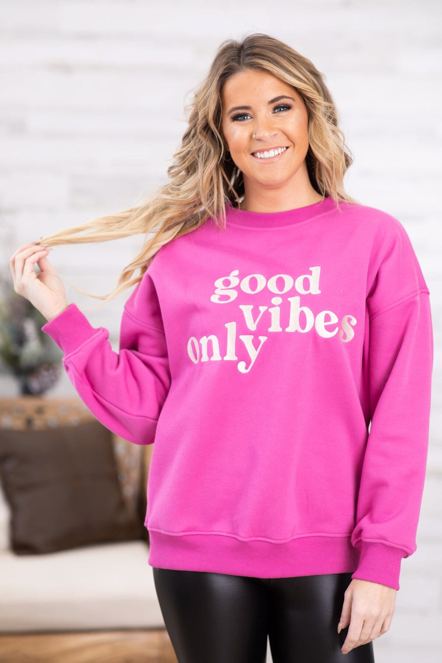 Hot Pink Good Vibes Only Graphic Sweatshirt - Filly Flair