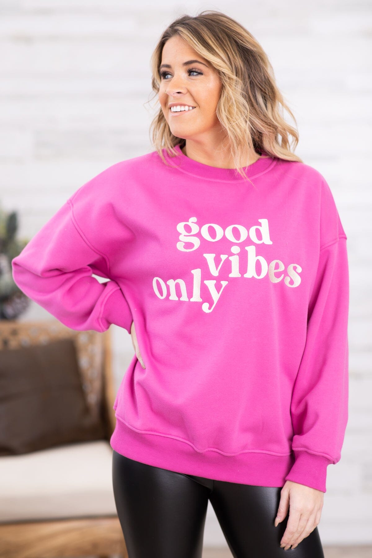 Hot Pink Good Vibes Only Graphic Sweatshirt · Filly Flair