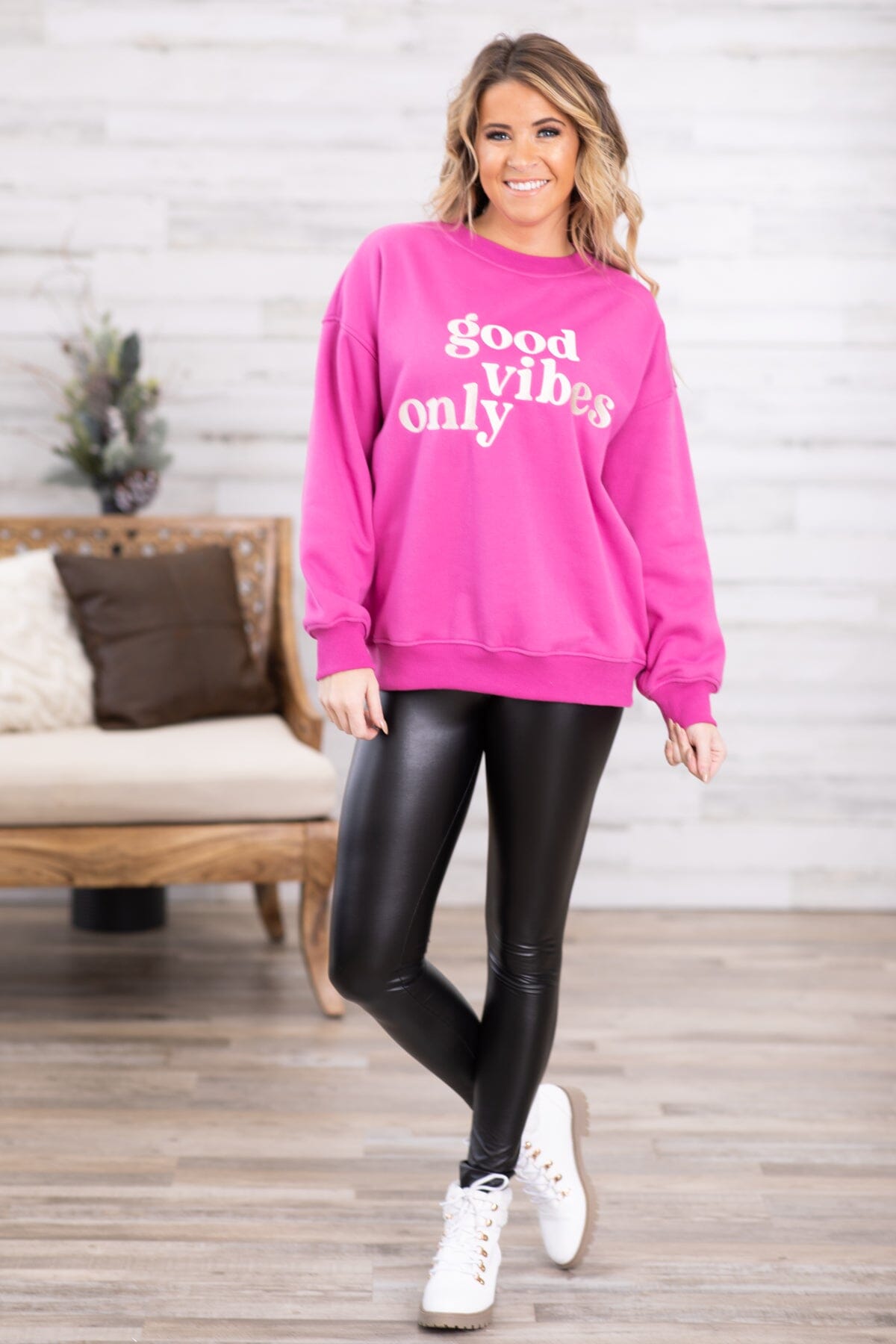 Hot Pink Good Vibes Only Graphic Sweatshirt · Filly Flair
