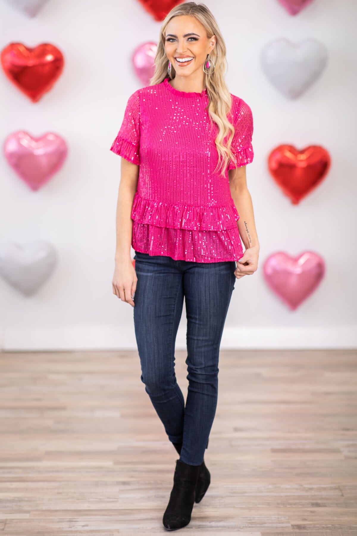 Hot Pink Ruffle Trim Sequin Top - Filly Flair