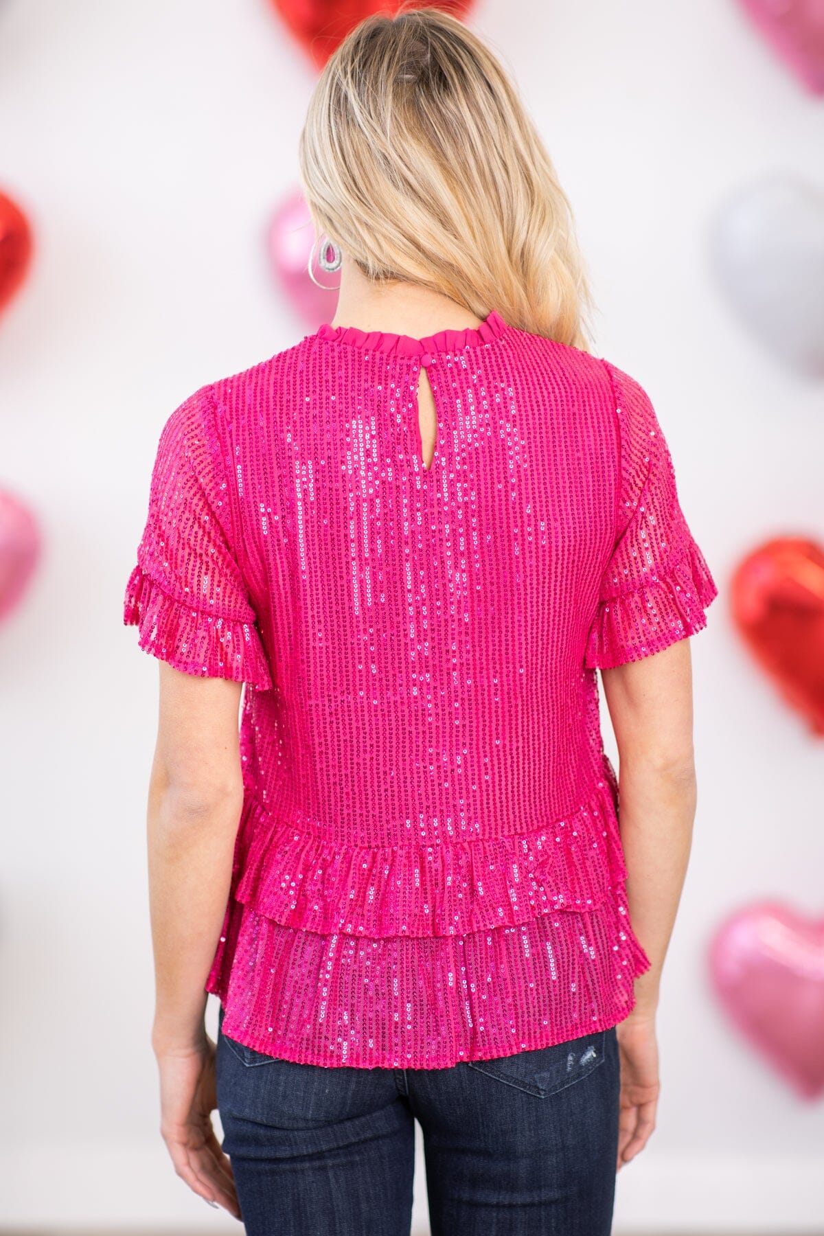 Hot Pink Ruffle Trim Sequin Top - Filly Flair