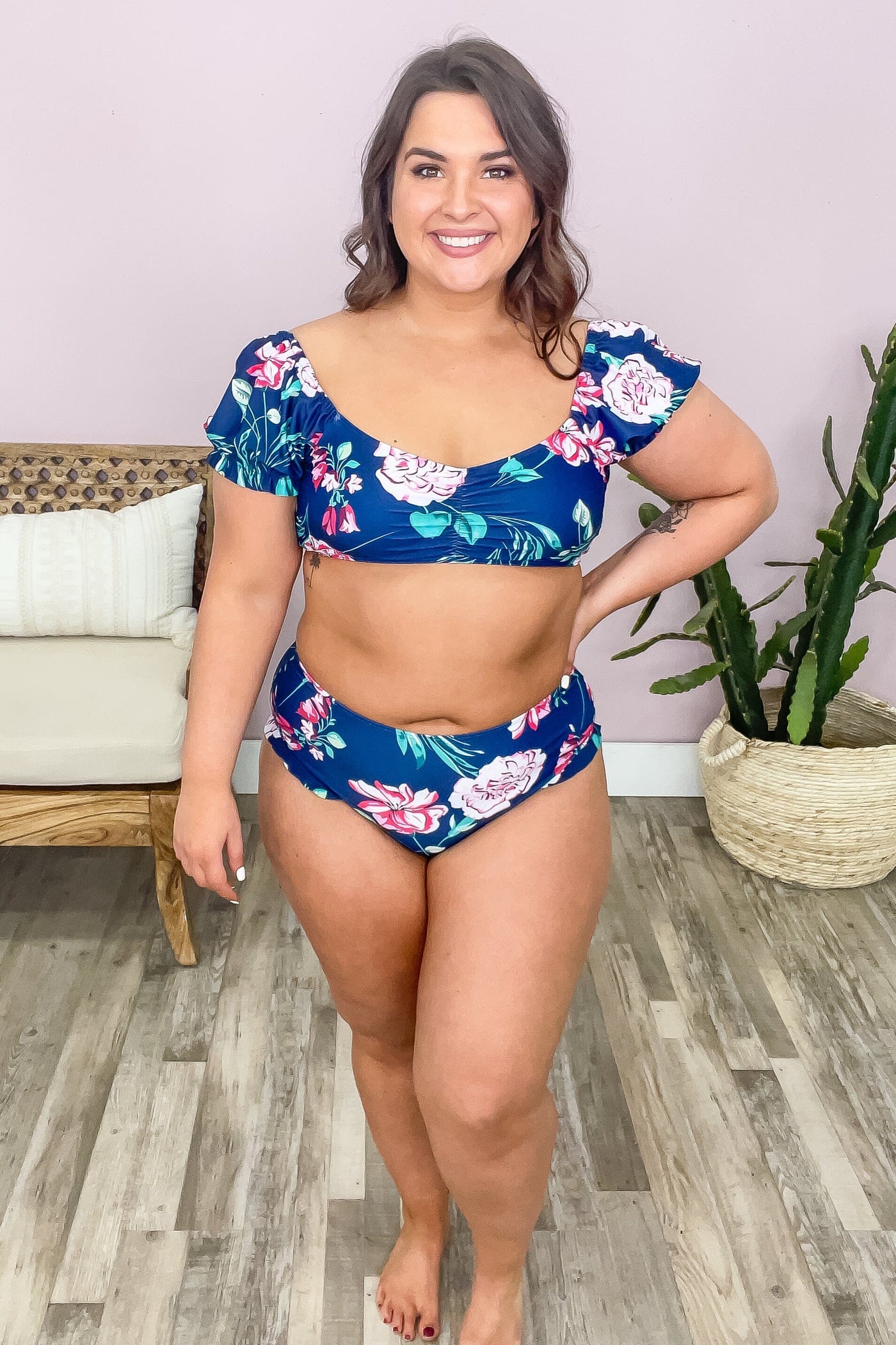 Navy Floral Ruffle Trim Two Piece Swimsuit - Filly Flair