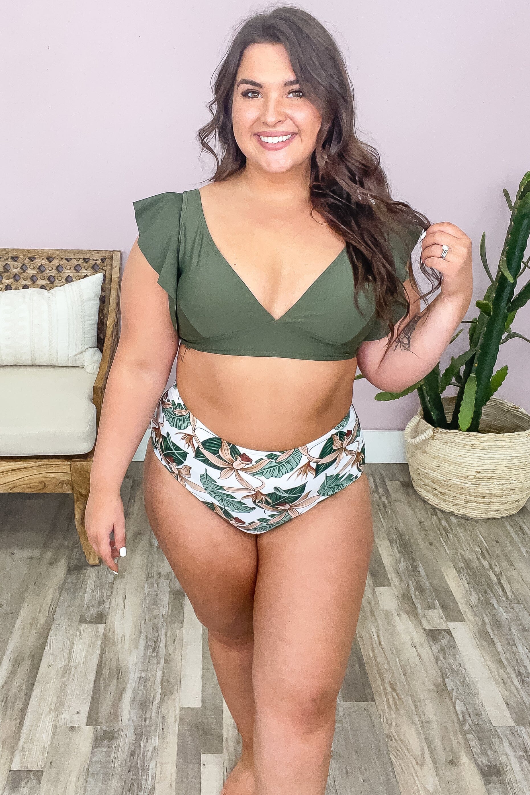 Olive Palm Print Bottom Two Piece Swimsuit - Filly Flair