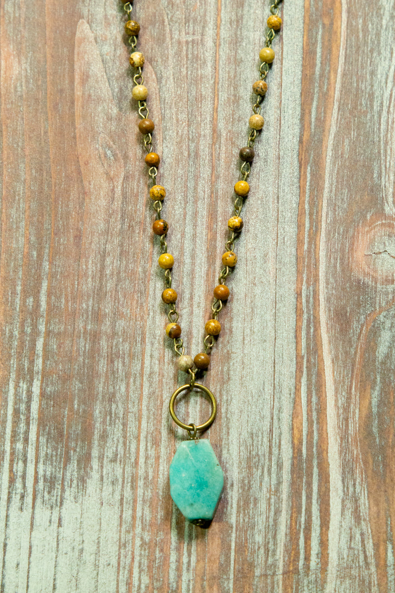Tan Beaded Chain Turquoise Pendant Necklace - Filly Flair