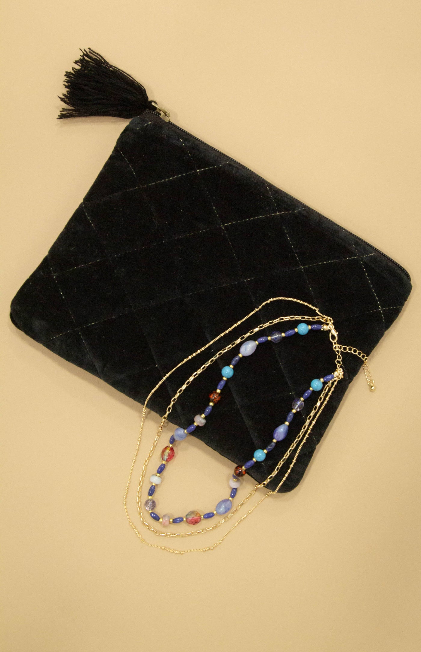 Black Velvet Pouch and Multicolor Necklace Set - Filly Flair