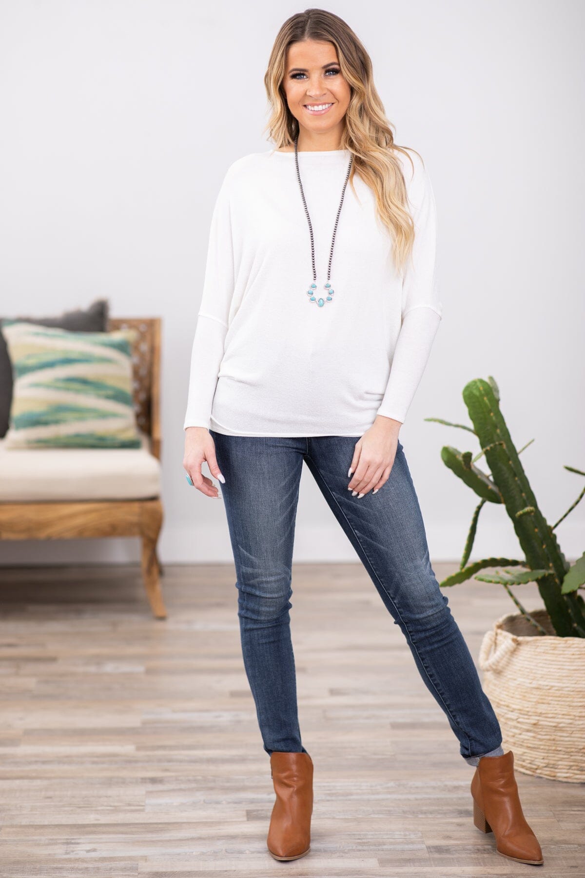 Ivory Boat Neck Dolman Sleeve Top - Filly Flair