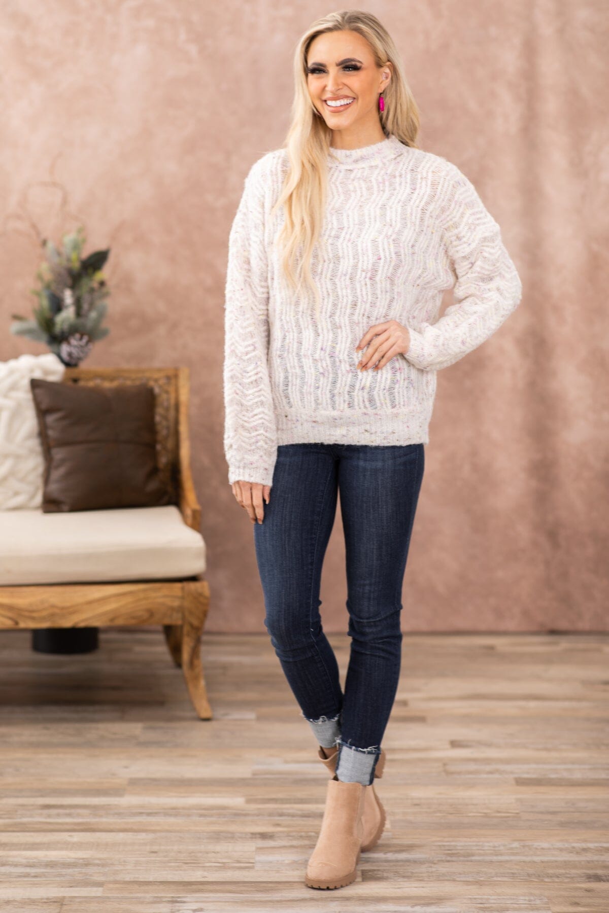 Ivory Textured Multicolor Specked Sweater - Filly Flair