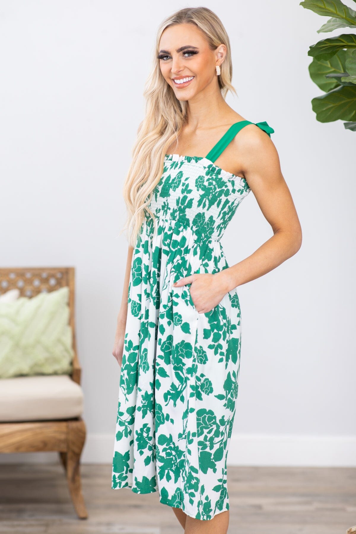 Jade and White Smocked Bodice Floral Dress - Filly Flair