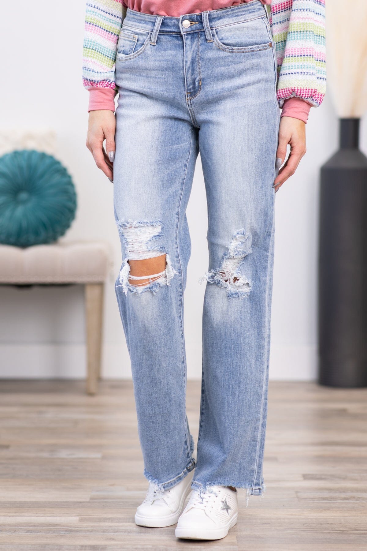 Judy Blue Distressed Knee Wide Leg Jeans - Filly Flair