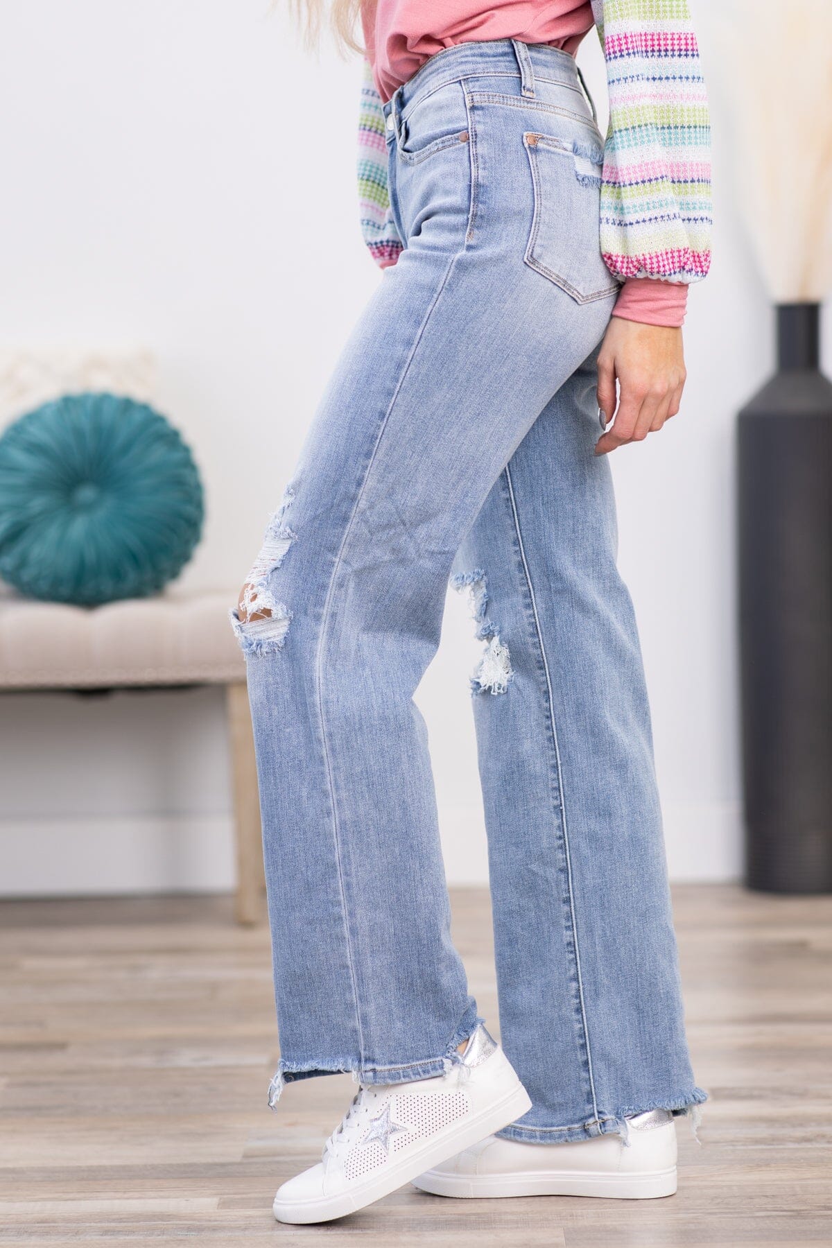 Judy Blue Distressed Knee Wide Leg Jeans · Filly Flair