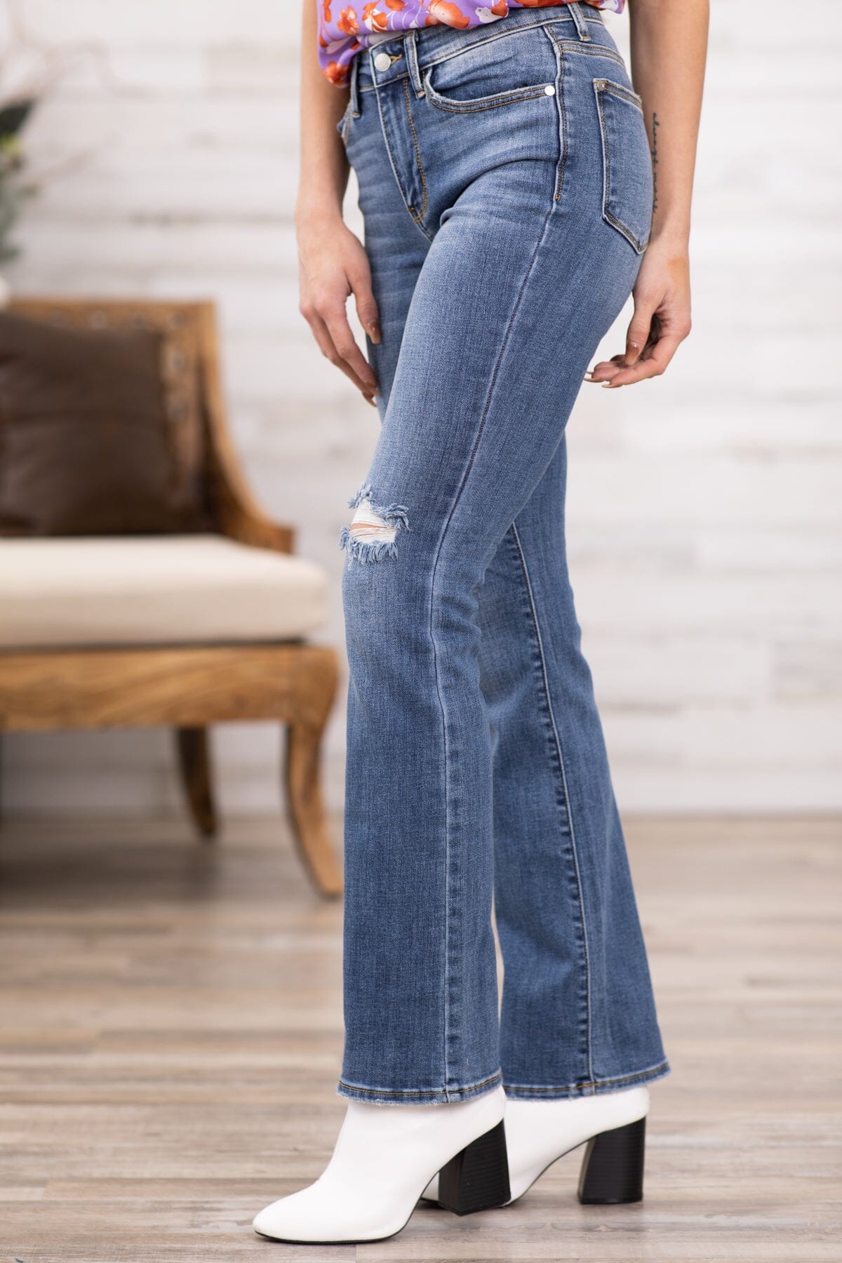 Judy Blue Mid Rise Distressed Bootcut Jeans - Filly Flair