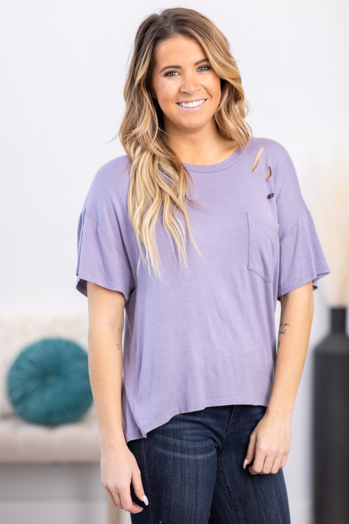 Lavender Distressed Top With Pocket - Filly Flair