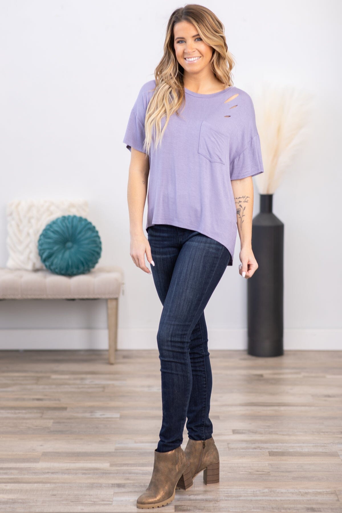 Lavender Distressed Top With Pocket - Filly Flair