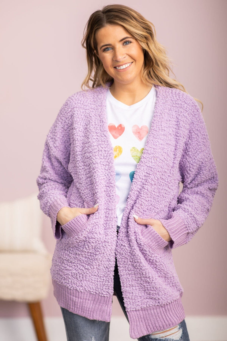 Lavender Rib Trim Mid Length Cardigan - Filly Flair