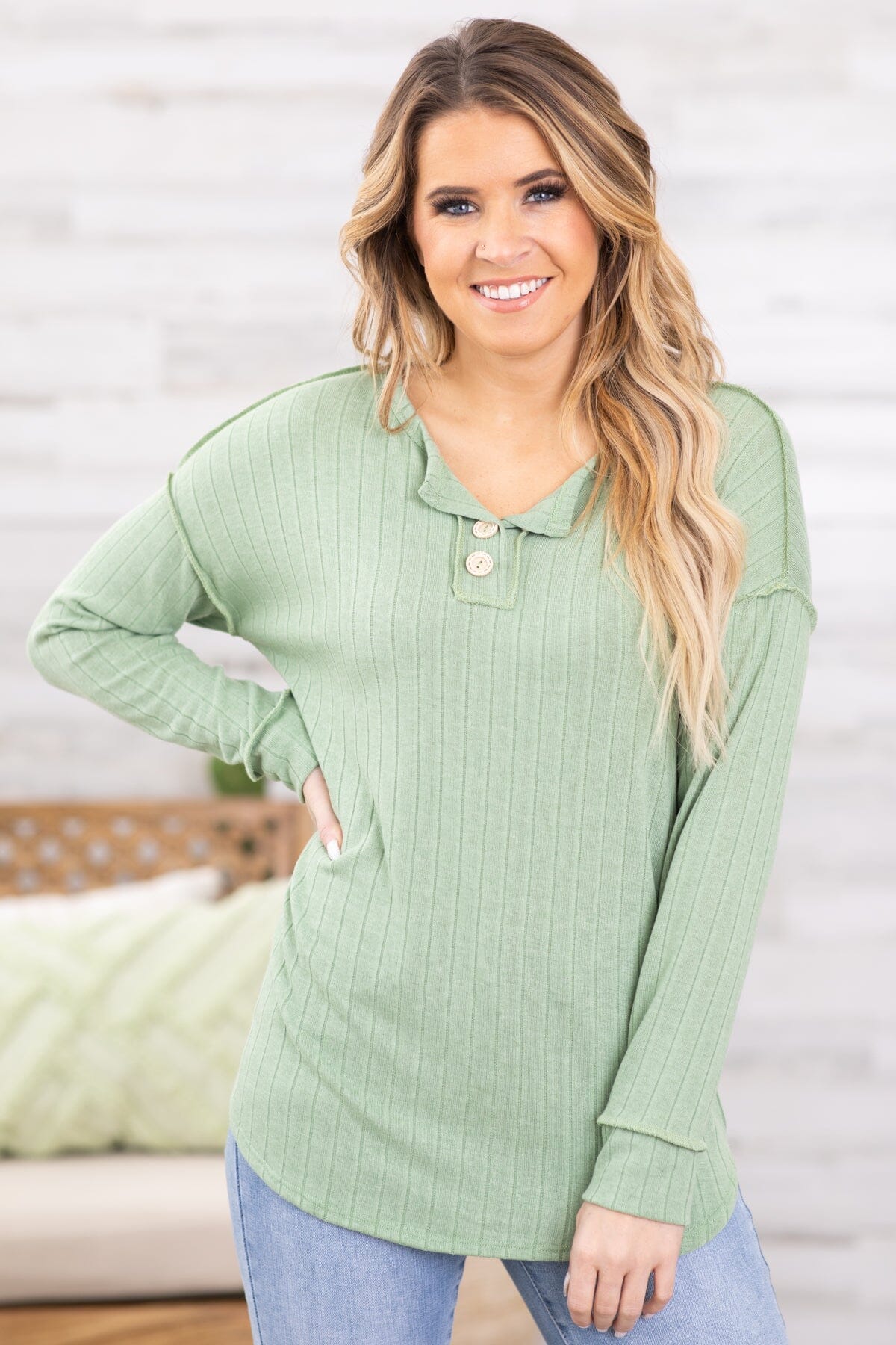 Light Green Drop Shoulder Top With Buttons - Filly Flair