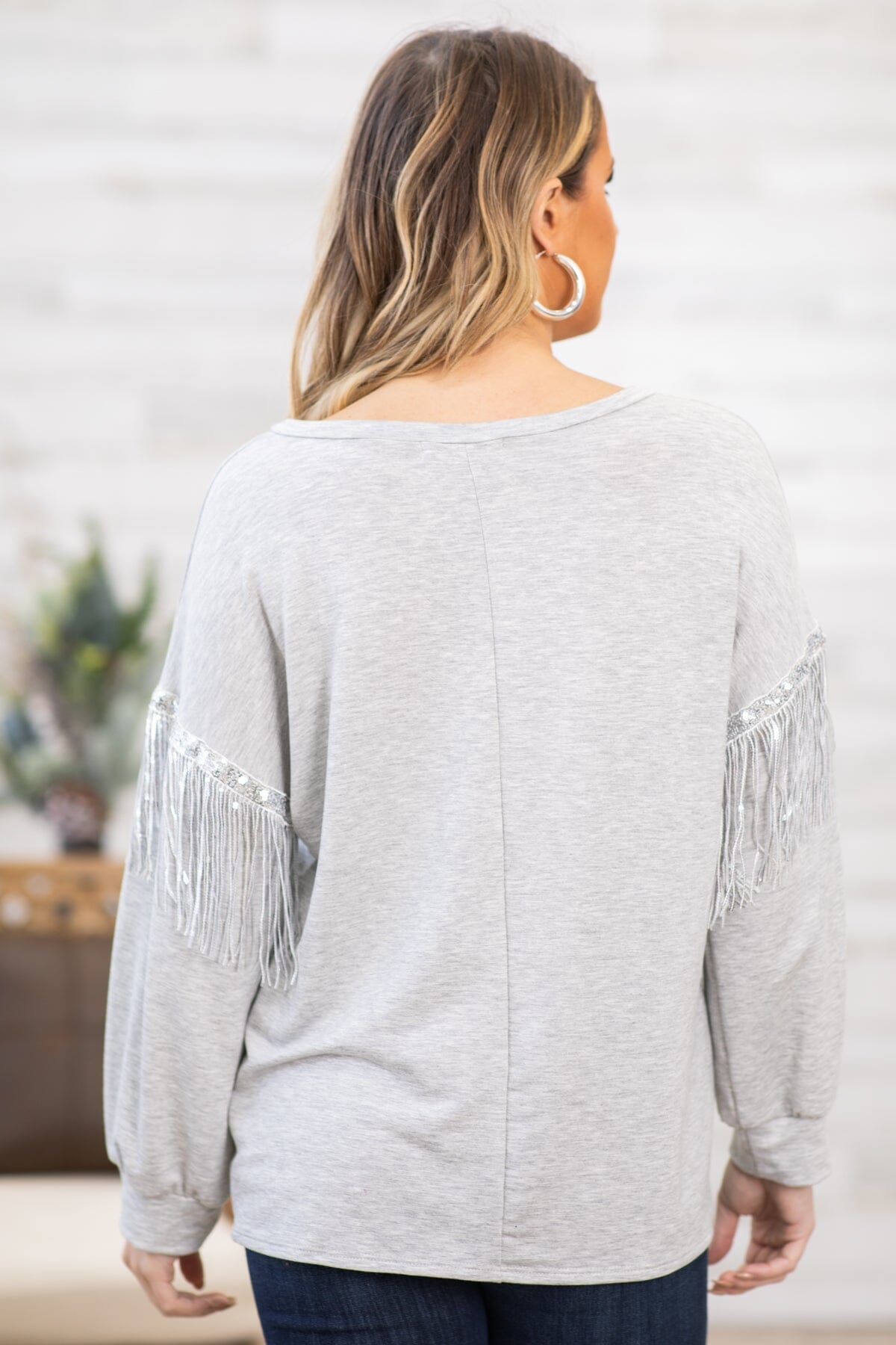 Light Grey Top With Silver Beaded Fringe - Filly Flair