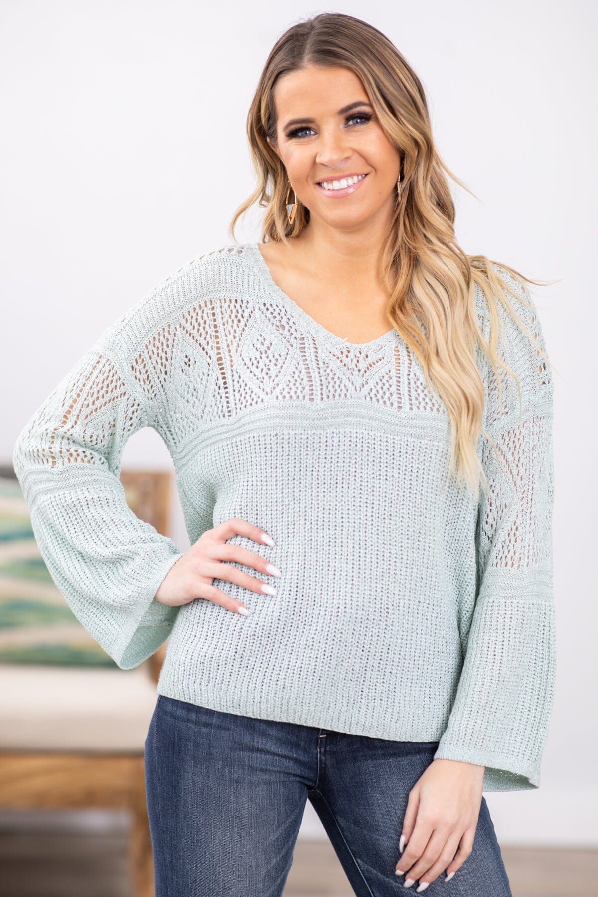 Mint Crochet Detail Lightweight Sweater - Filly Flair