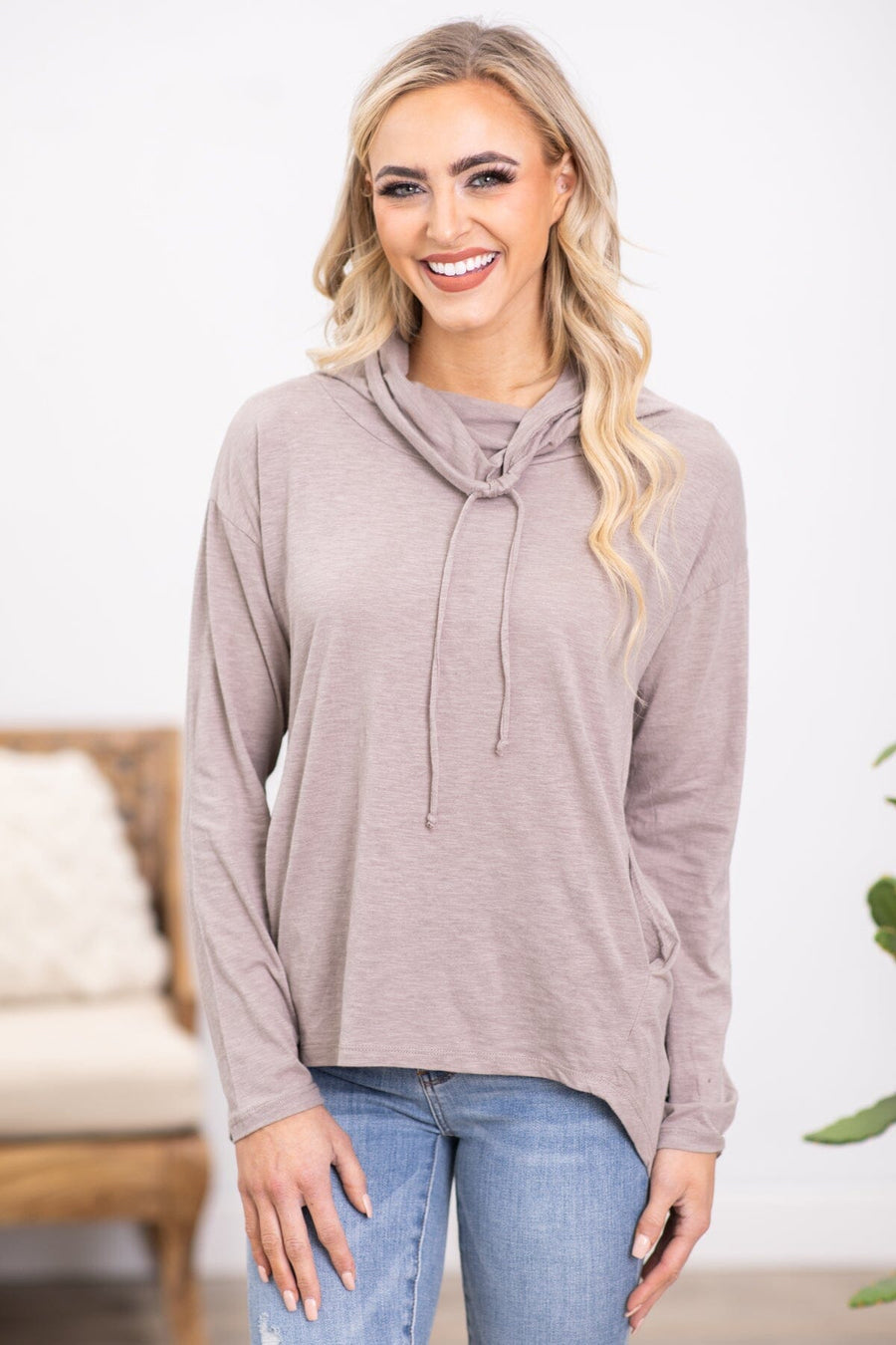 Mocha Hi Lo Cowl Neck Top With Pockets - Filly Flair