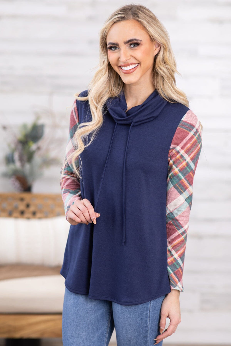 Navy Multicolor Plaid Sleeve Cowl Neck Top - Filly Flair