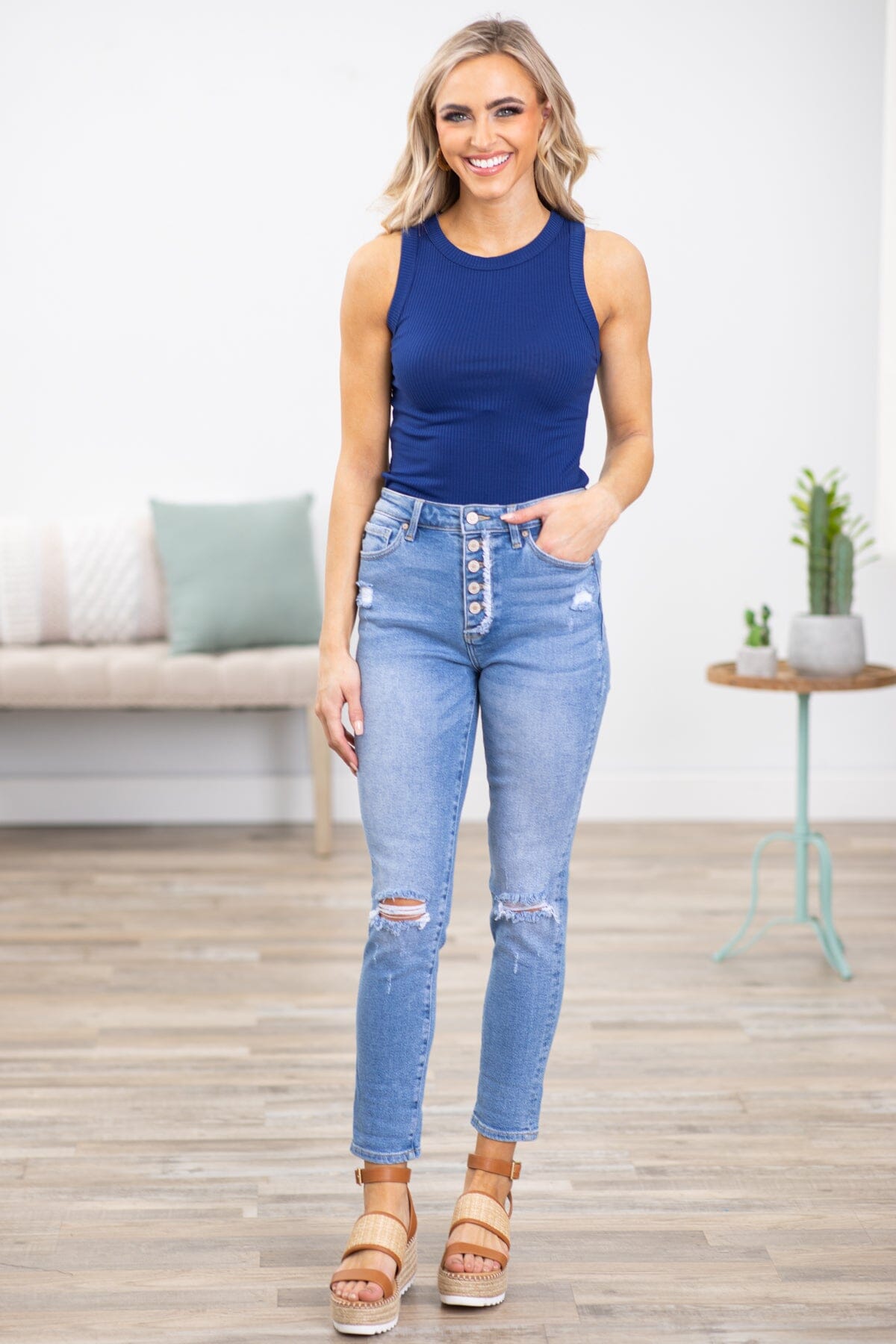 Navy Ribbed Knit Scoop Neck Tank - Filly Flair