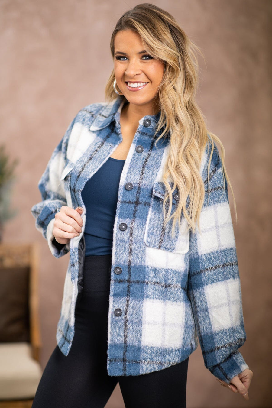 Navy and Ivory Plaid Shacket - Filly Flair