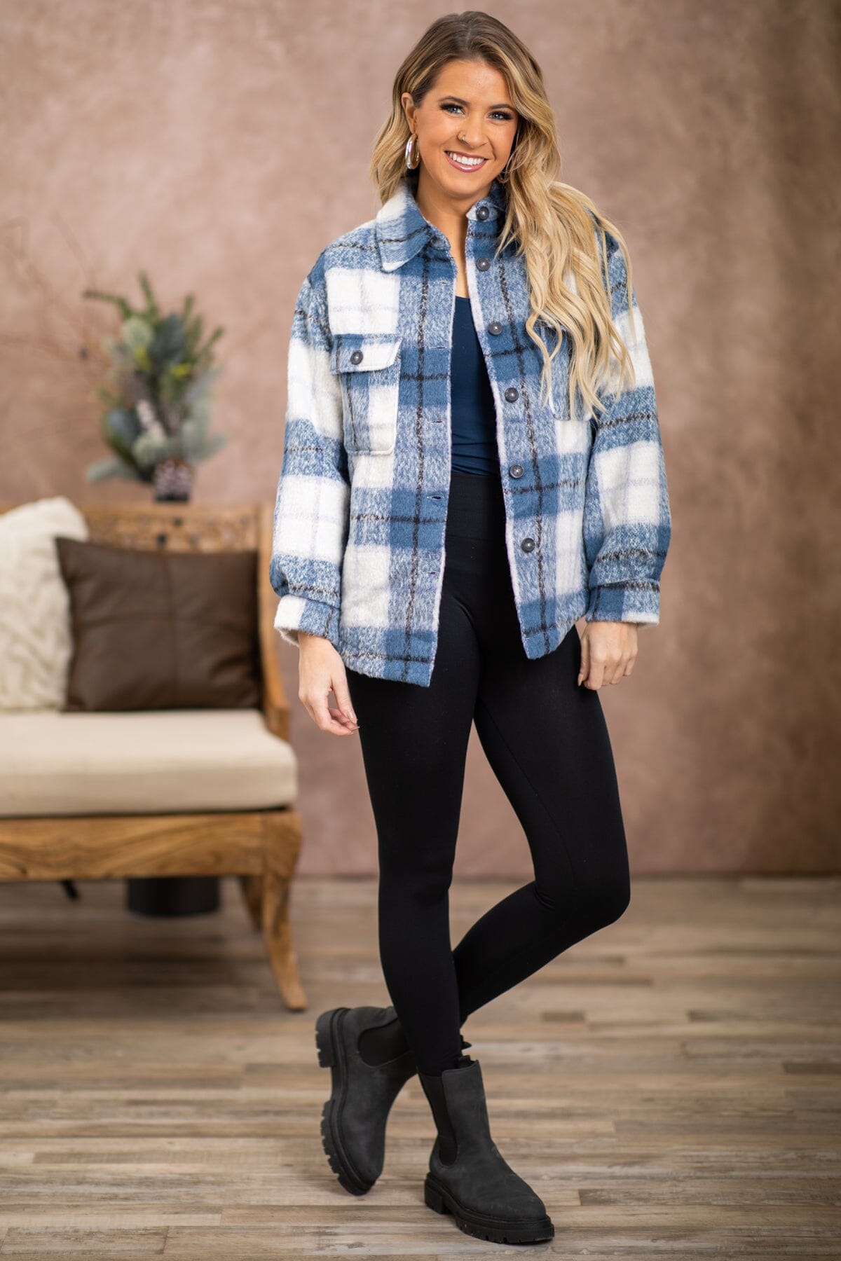 Navy and Ivory Plaid Shacket - Filly Flair