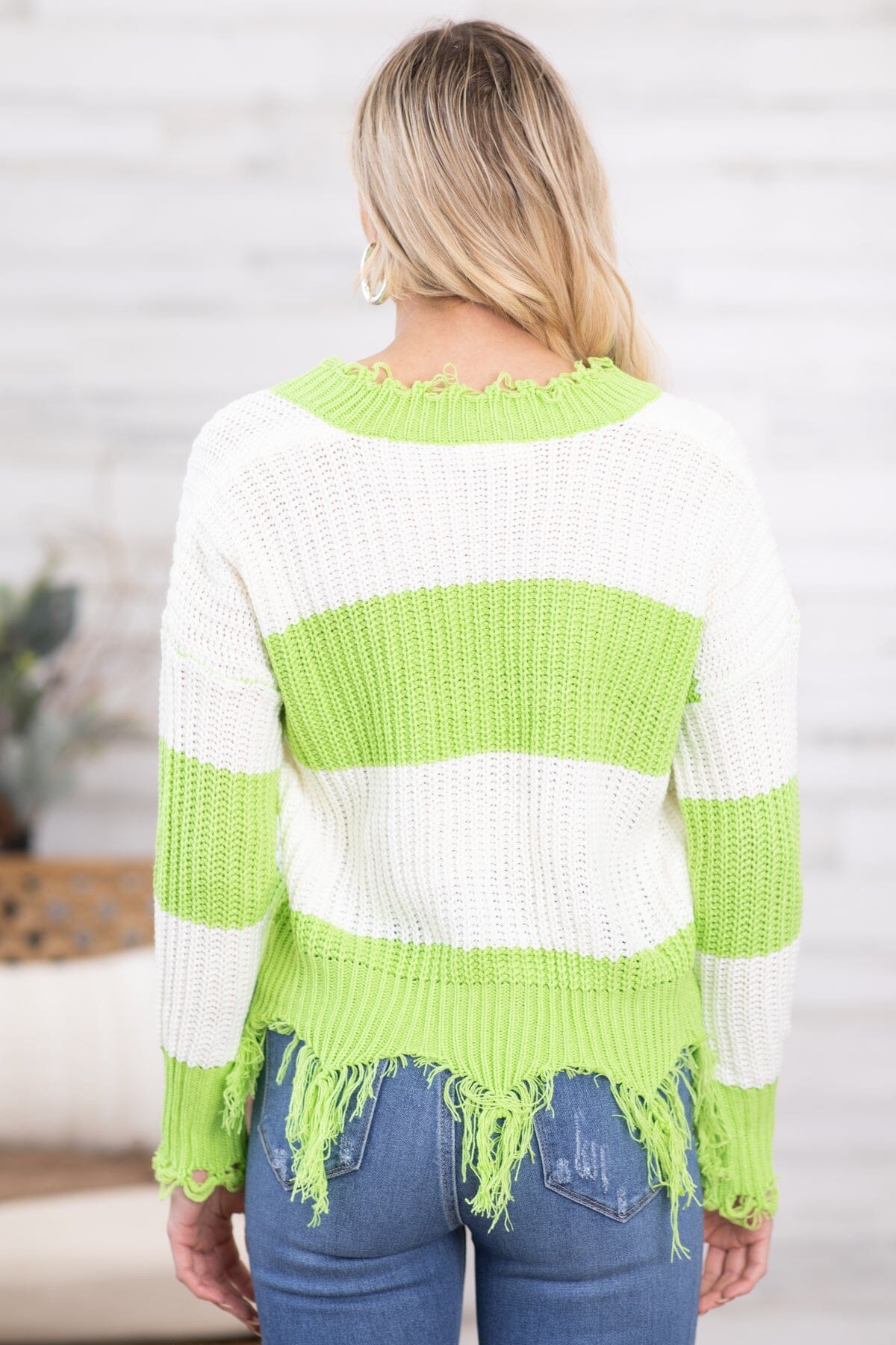 Neon Green and Ivory Fringe Hem Stripe Sweater · Filly Flair