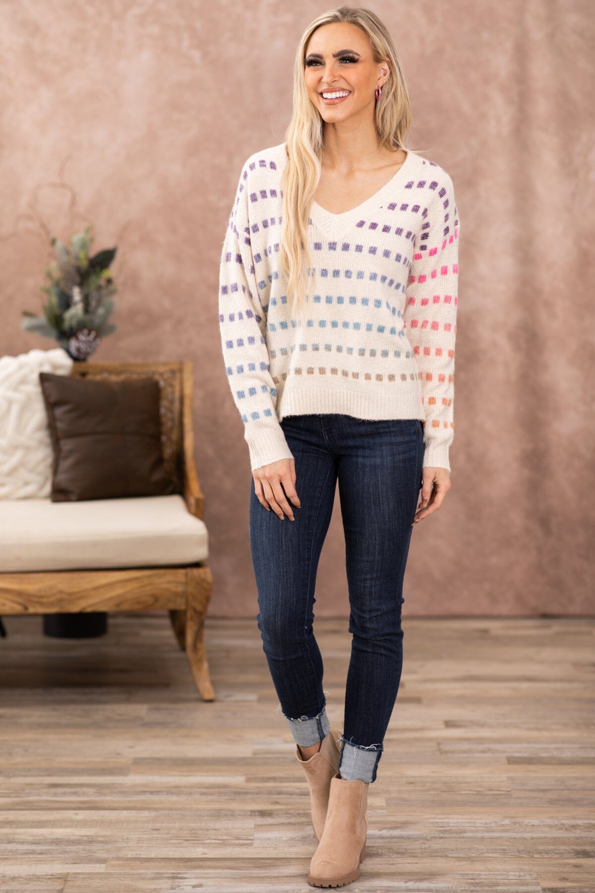 Oatmeal Multicolor Geometric Print Sweater - Filly Flair