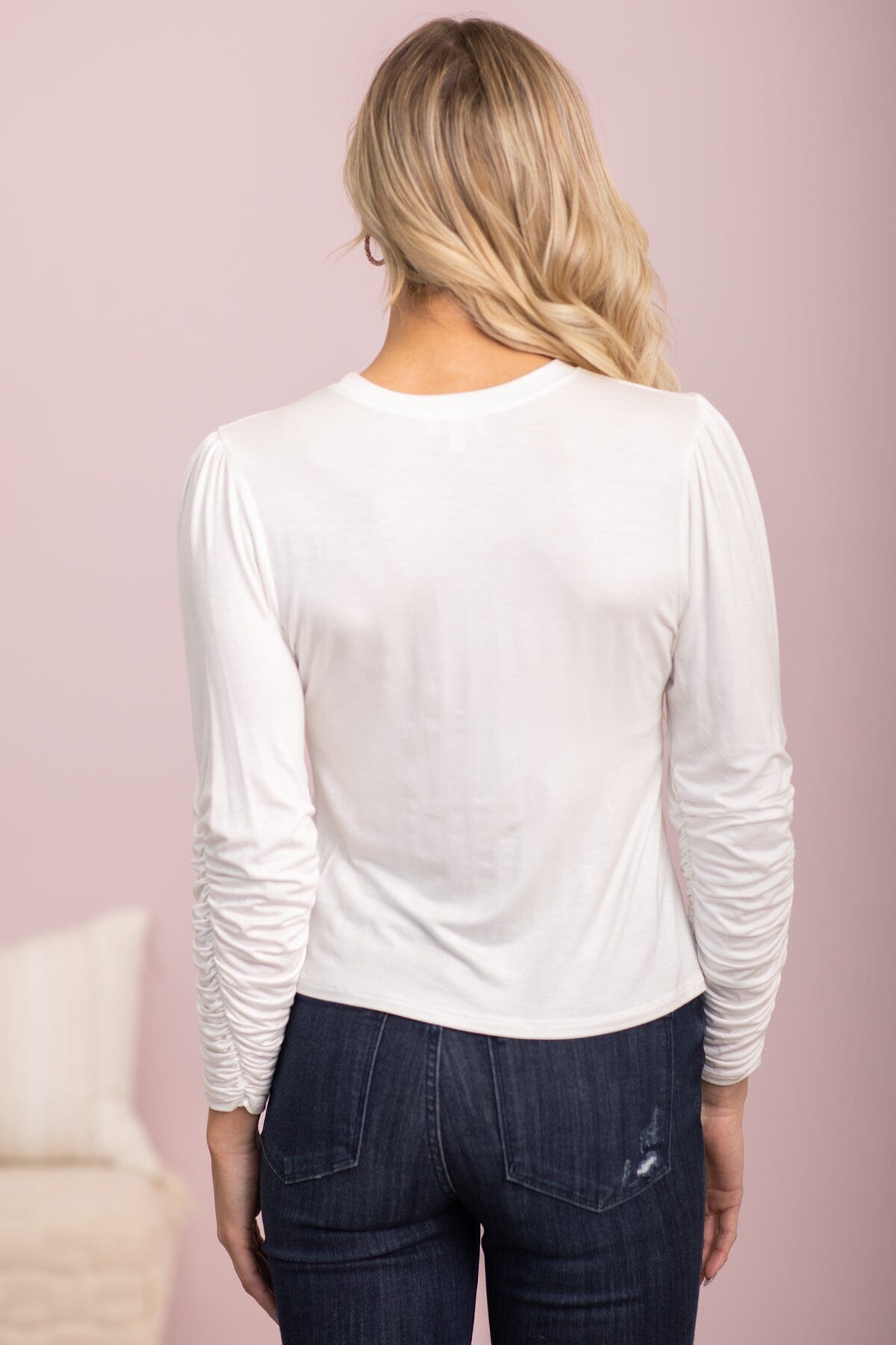 Off White Ruched Sleeve Detail Top - Filly Flair