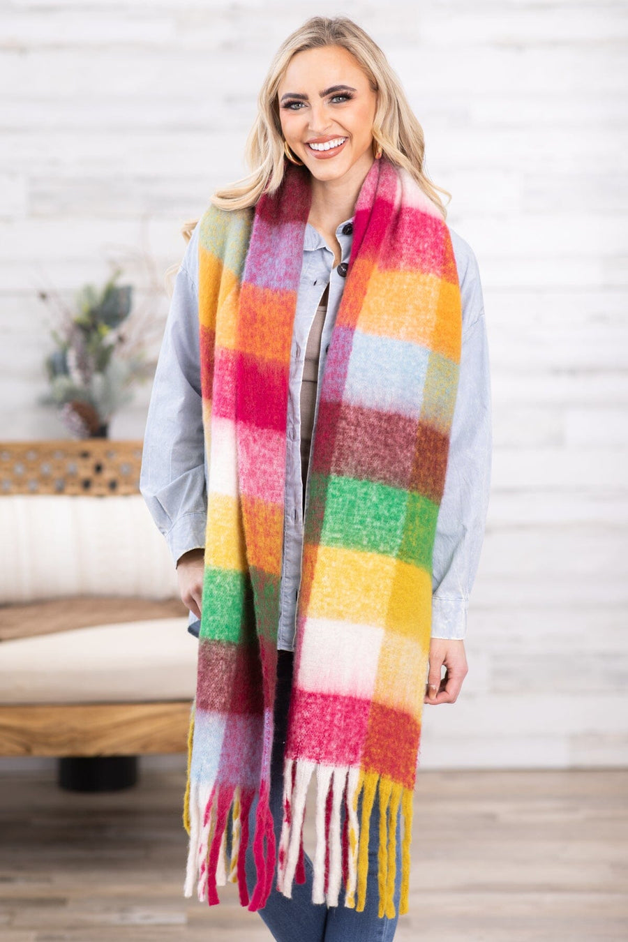 Orange and Green Plaid Blanket Scarf - Filly Flair