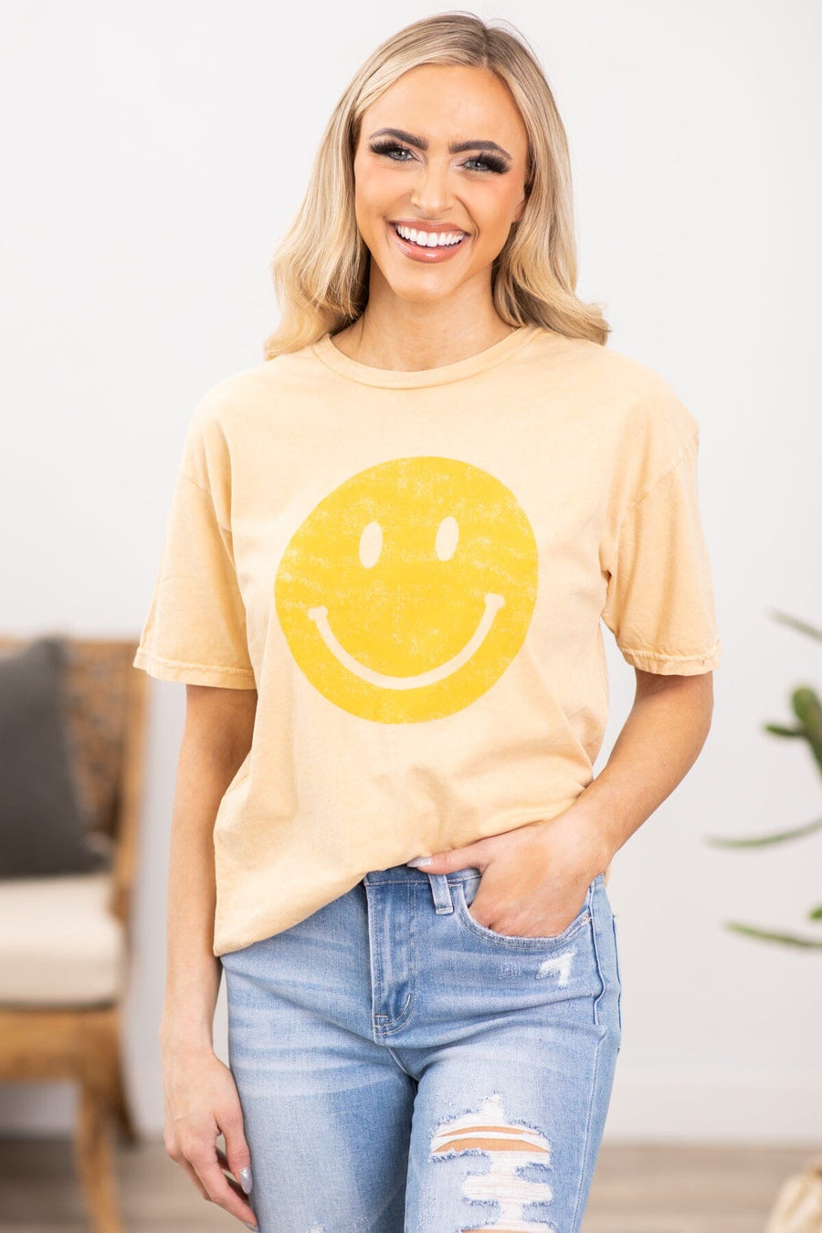 Pastel Yellow Smiley Face Graphic Tee - Filly Flair
