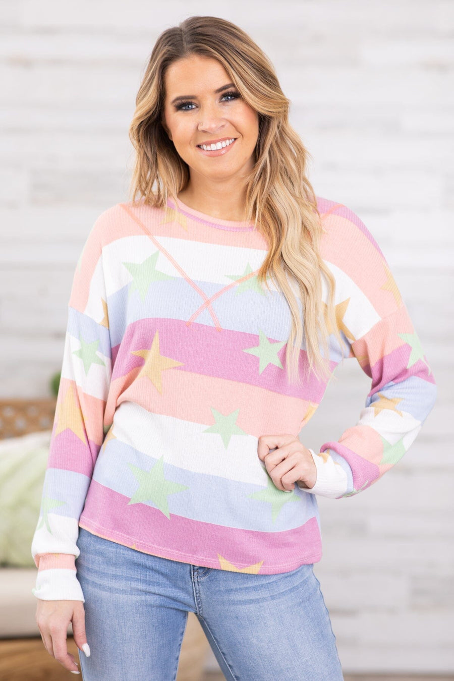 Pink Multicolor Stripe Top With Stars - Filly Flair