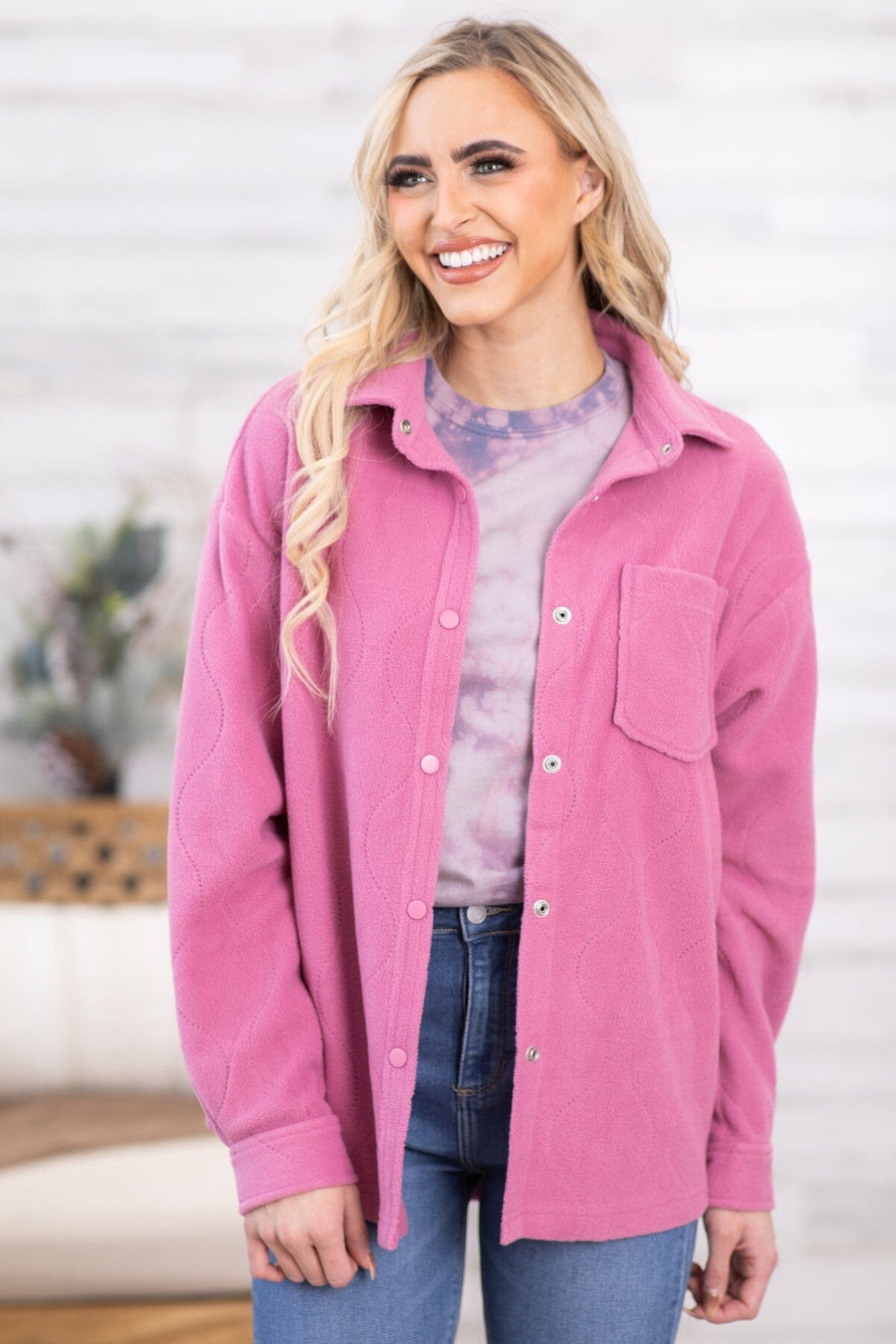 Pink Quilted Fleece Shacket - Filly Flair