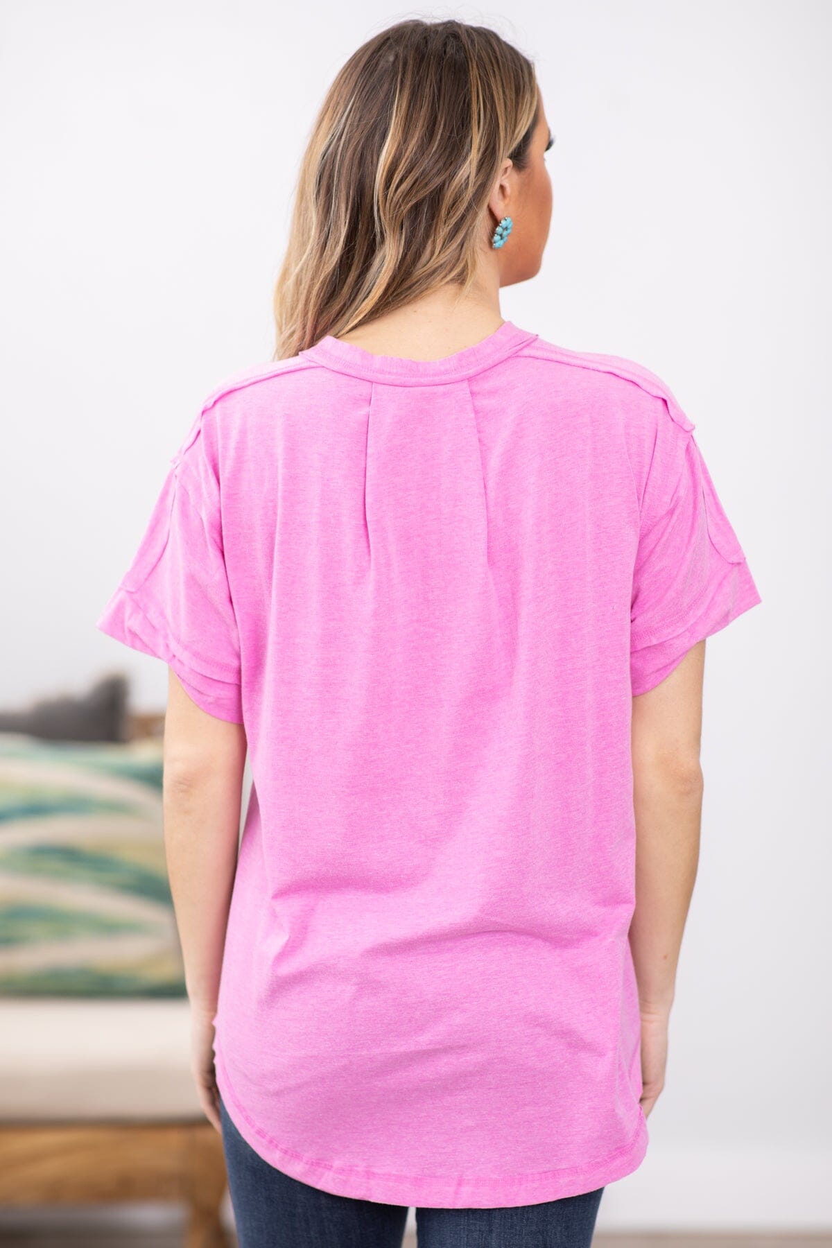 Pink Raw Edge Top With Button Detail - Filly Flair