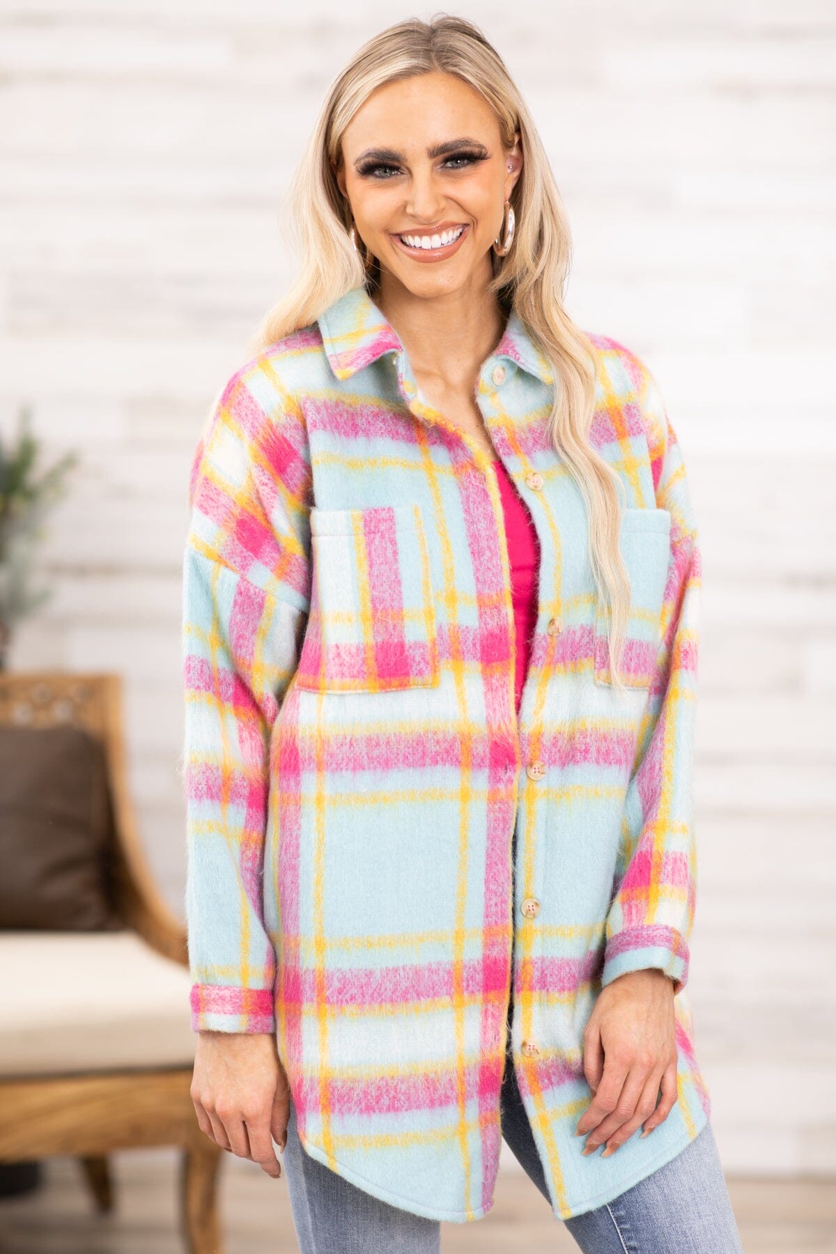 Pink and Aqua Multicolor Plaid Shacket - Filly Flair