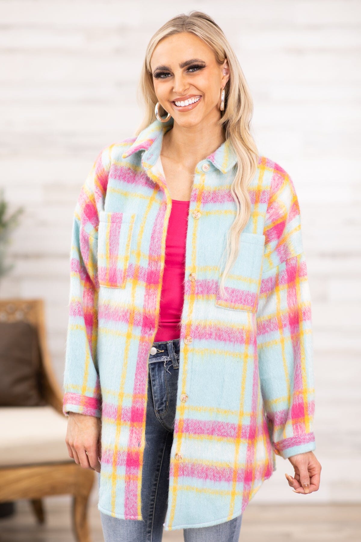 Pink and Aqua Multicolor Plaid Shacket - Filly Flair