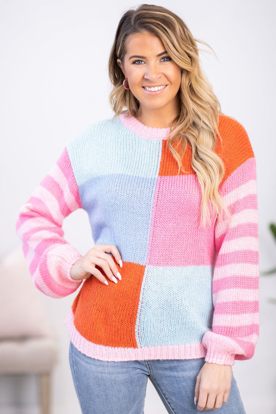 Pink and Blue Colorblock Stripe Sleeve Sweater - Filly Flair