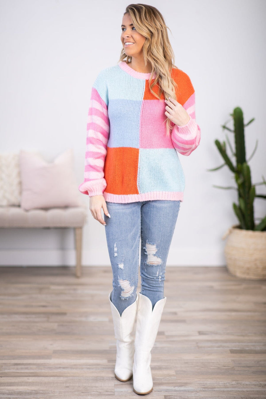 Pink and Blue Colorblock Stripe Sleeve Sweater - Filly Flair
