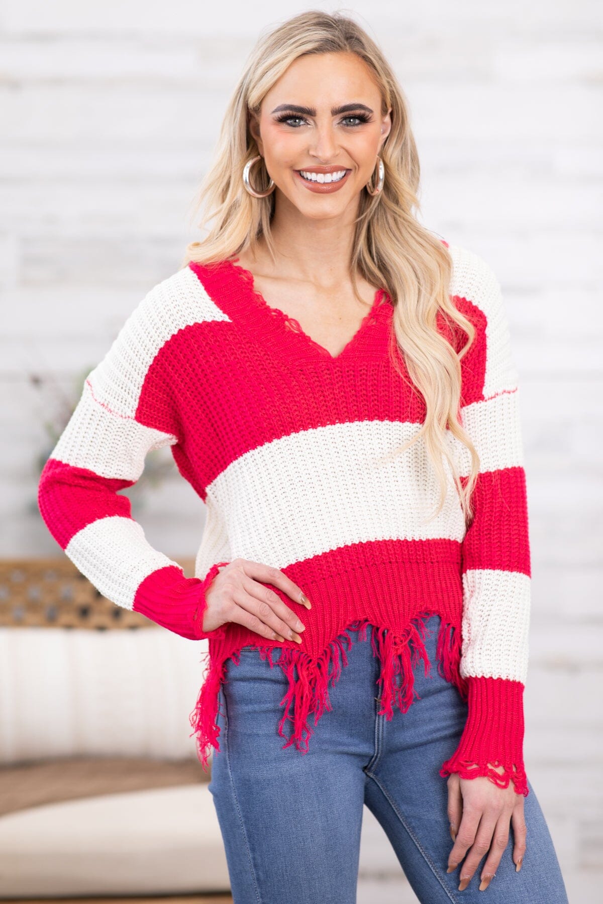 Raspberry and Ivory Fringe Hem Stripe Sweater - Filly Flair