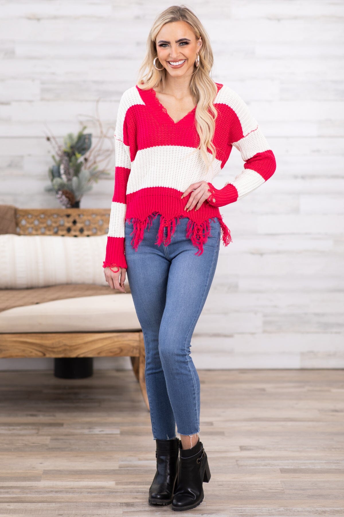 Raspberry and Ivory Fringe Hem Stripe Sweater - Filly Flair