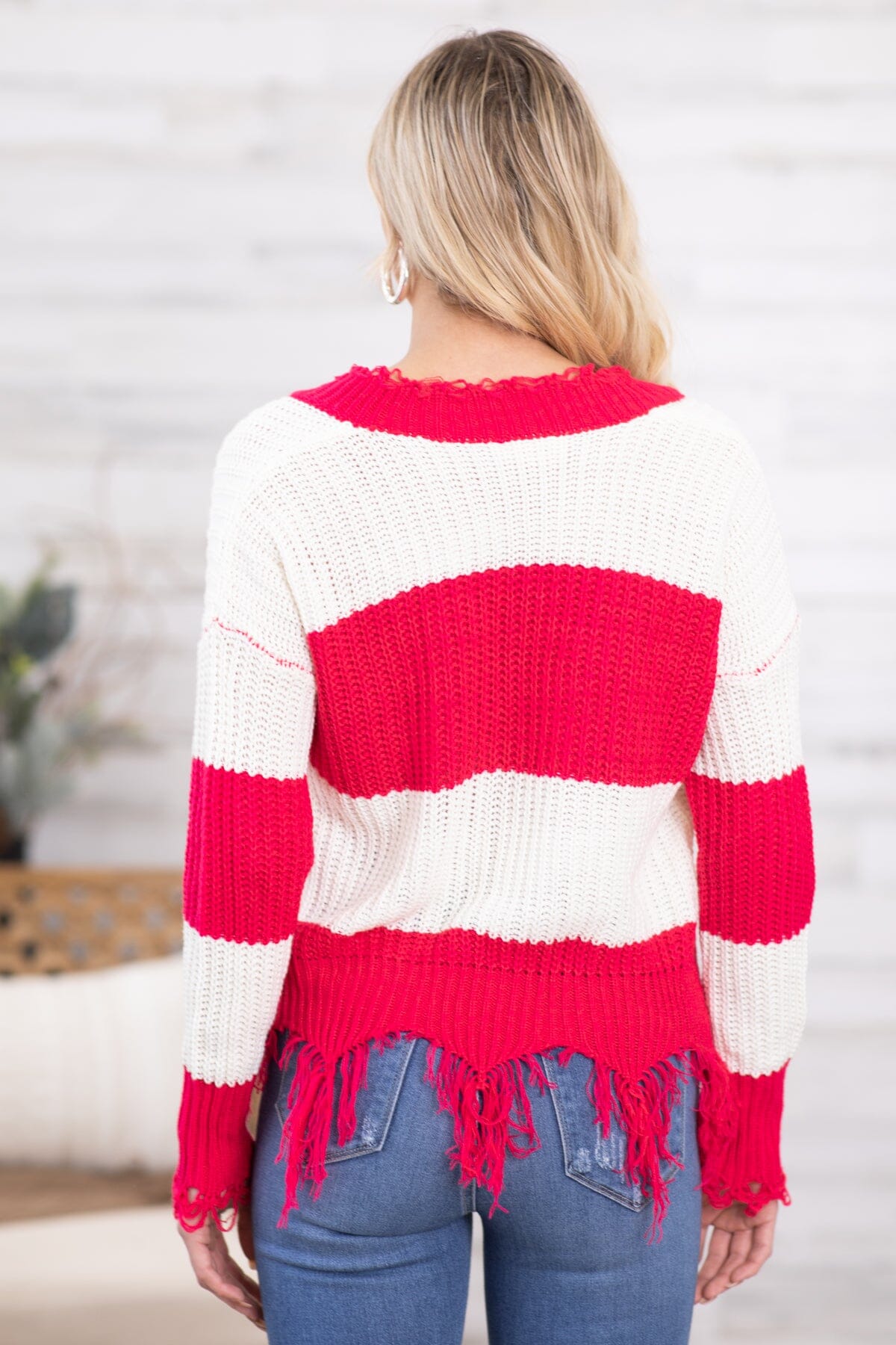 Marle Raspberry Coloured Sweater Raspberry and Ivory Fringe Hem Stripe Sweater · Filly Flair