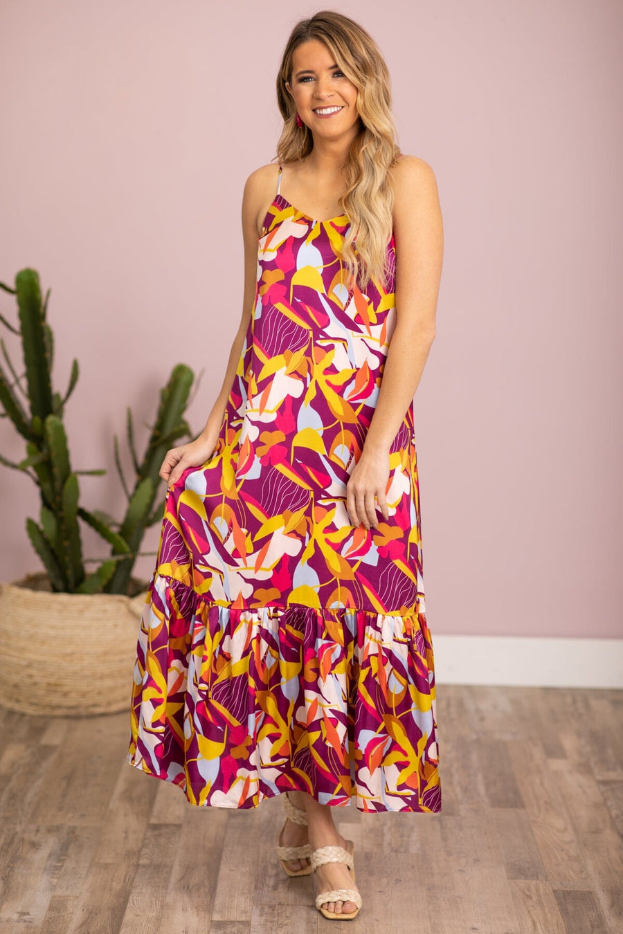 Raspberry and Yellow Tropical Print Maxi Dress - Filly Flair