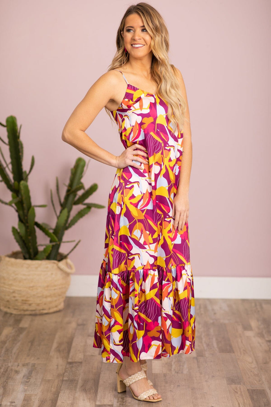 Raspberry and Yellow Tropical Print Maxi Dress - Filly Flair