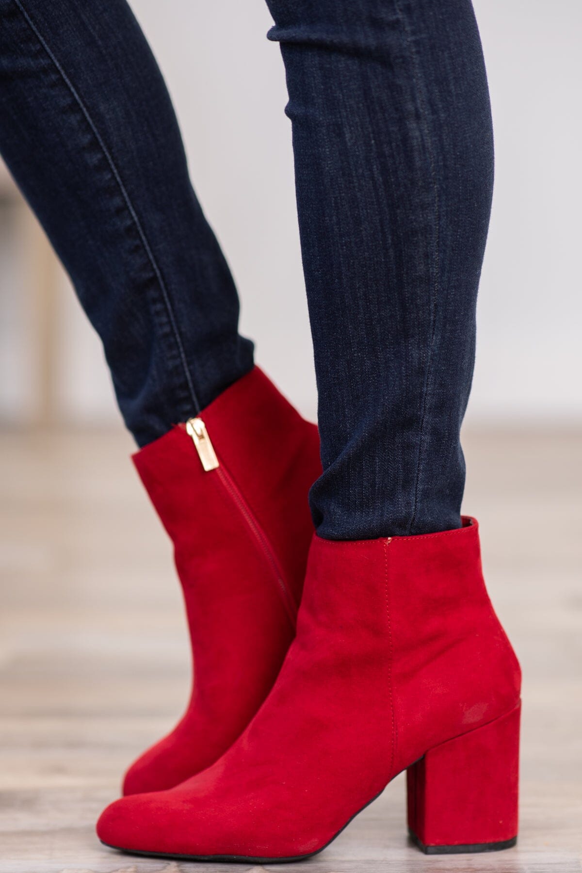 Red Faux Suede Booties - Filly Flair