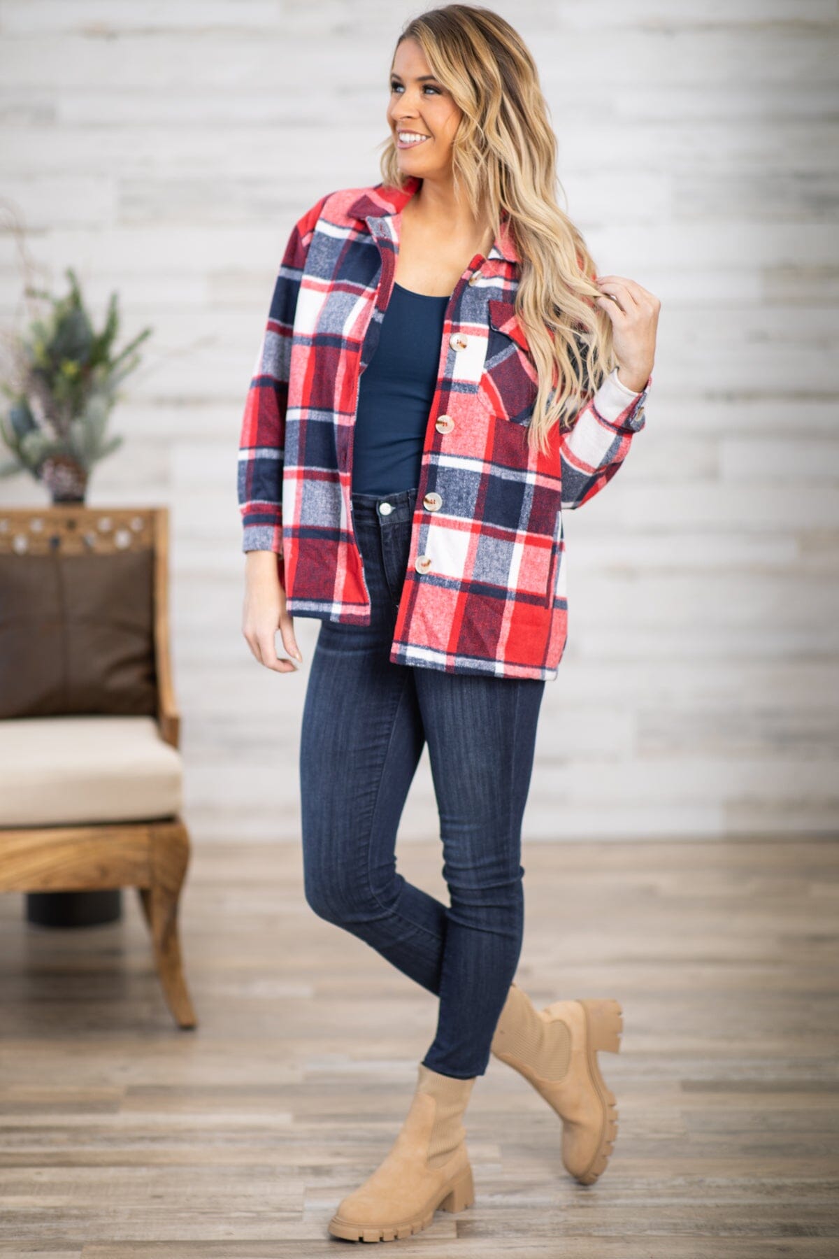 Red and Navy Multicolor Plaid Shacket - Filly Flair