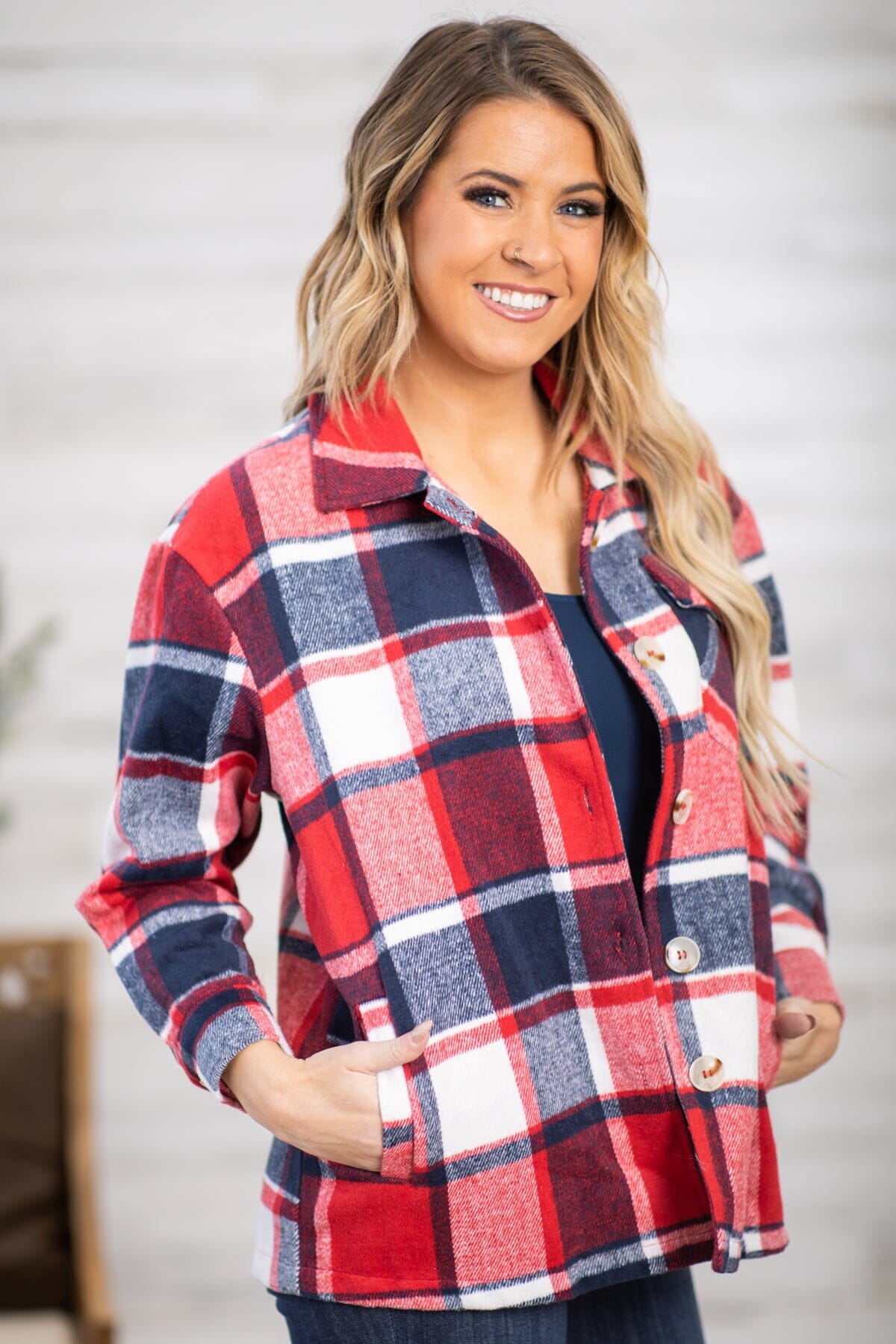 Red and Navy Multicolor Plaid Shacket - Filly Flair