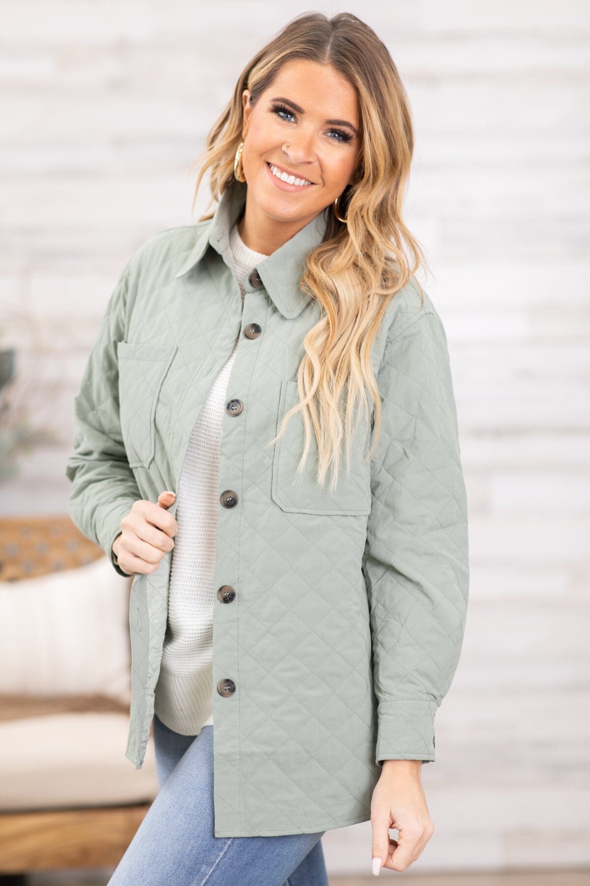 Sage Quilted Dolphin Hem Shacket - Filly Flair