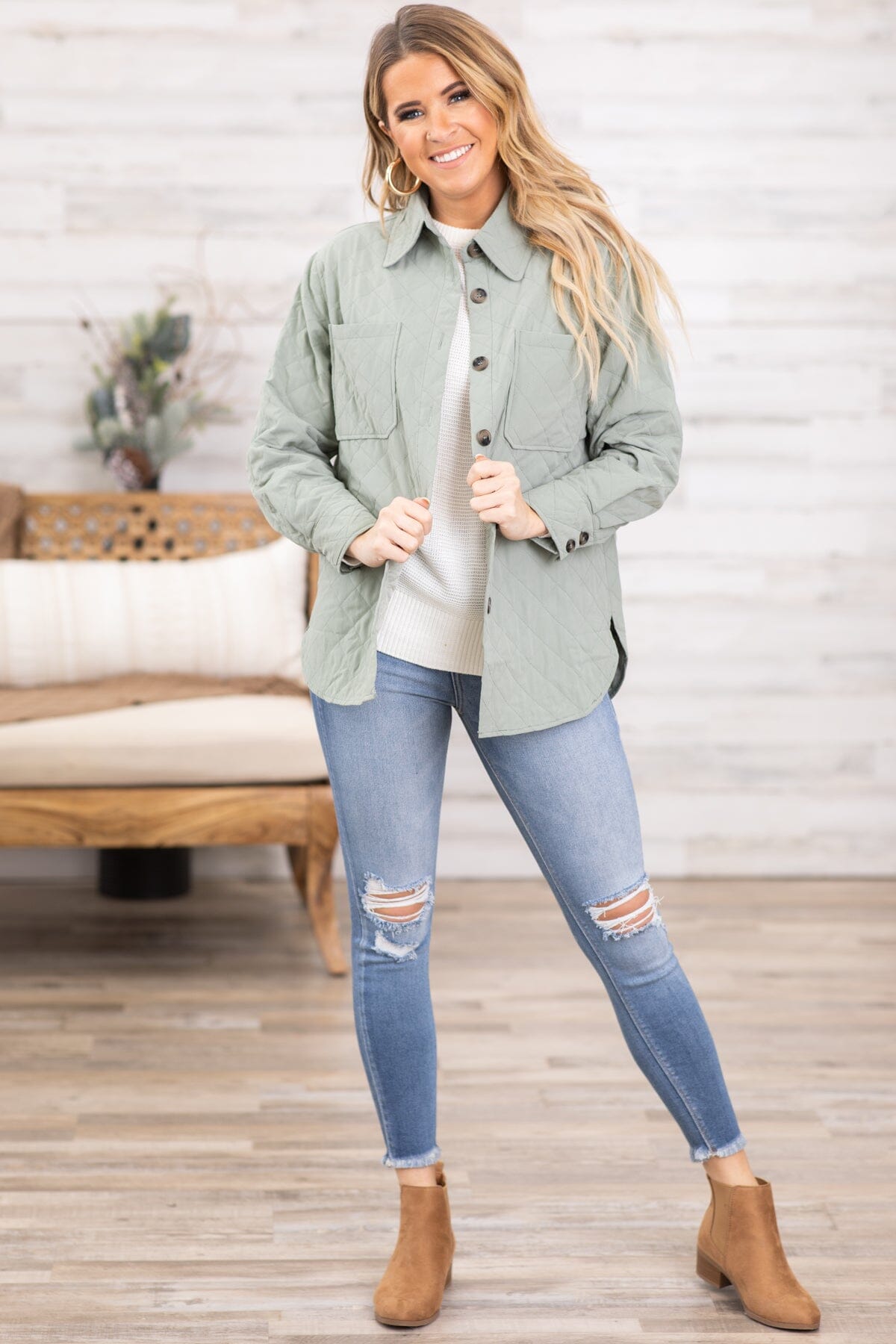 Sage Quilted Dolphin Hem Shacket - Filly Flair